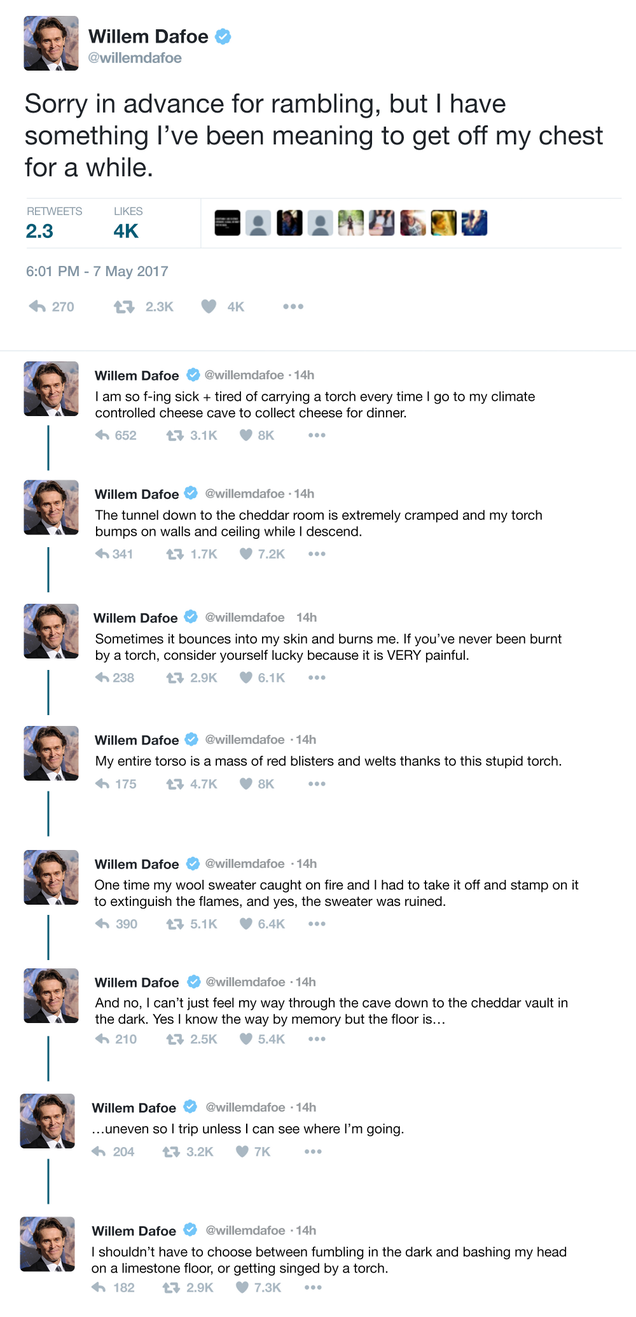 Illustration for article titled Did Willem Dafoe Just Independently Invent The Flashlight In This Epic Twitter Rant?